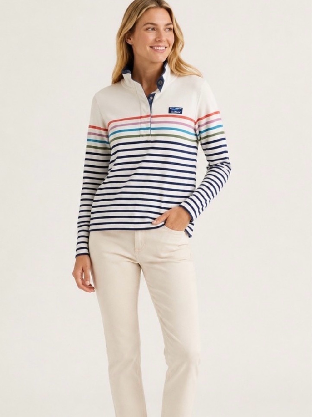 L.L. Bean Pullover Women's L Cream Cotton Striped Snap Neck Rugby Style Outdoor - Picture 11 of 11